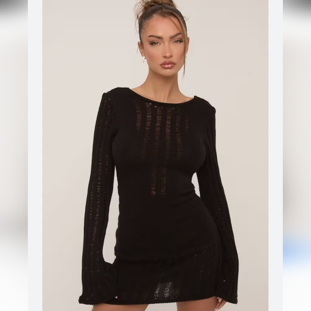Princess Polly Open Knit Black Mini Dress Long Sleeve Size Small